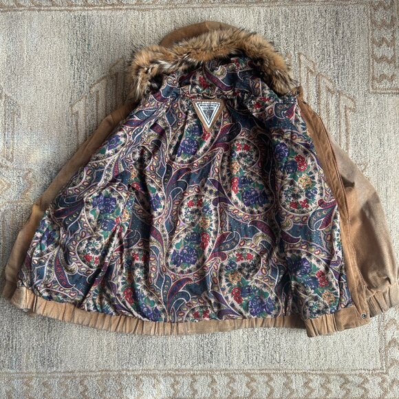 Vintage Brown Suede & Leather Fur Hood Parka 90s Streetwear Cabincore Jacket L - Picture 12 of 16